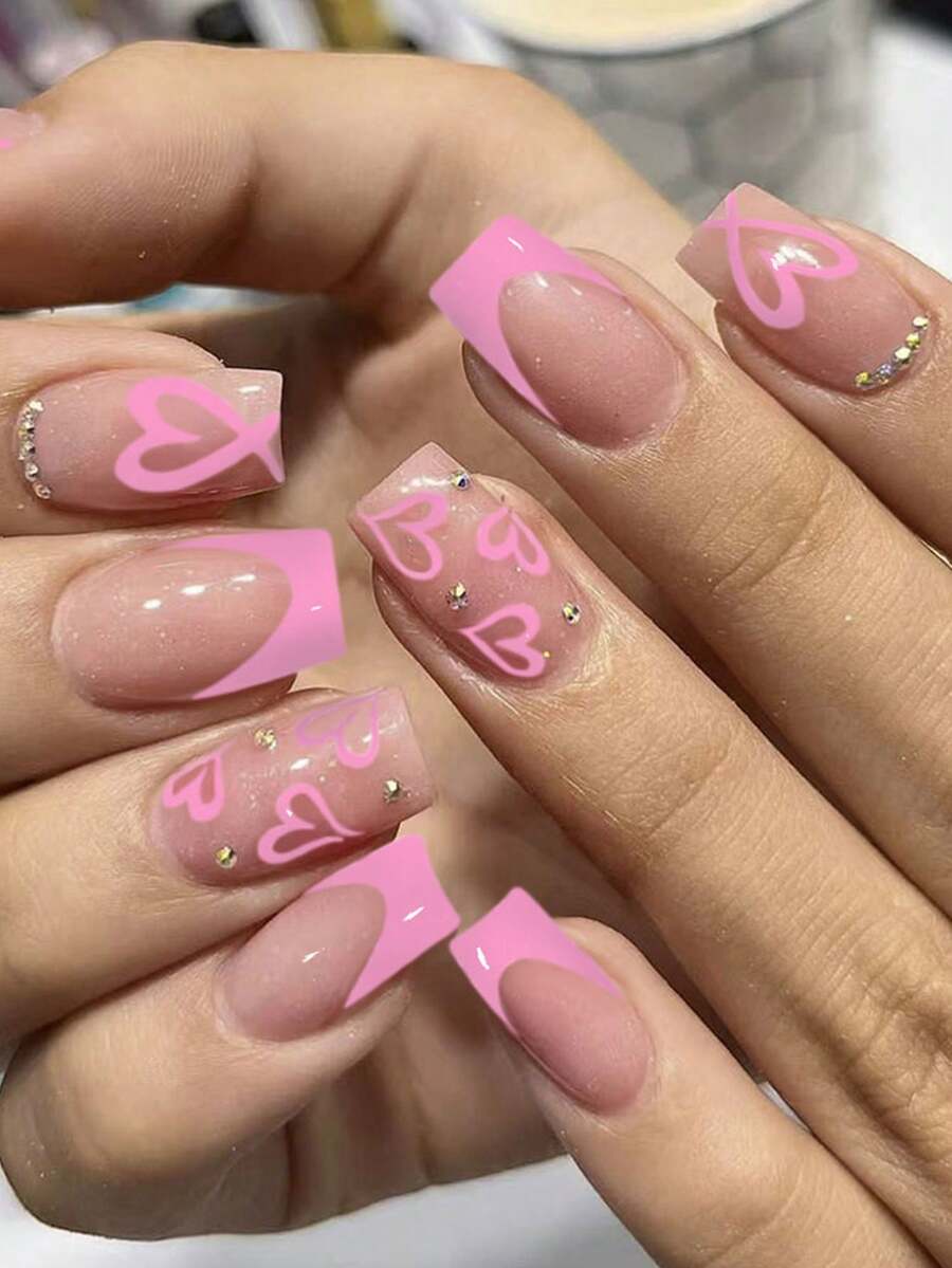 24片短方形心形水钻美甲贴纸，包含1瓶果冻胶和1把指甲锉，适合情人节、法式美甲、日常佩戴、派对和庆祝活动，是女士和女孩的美甲用品。 - 彩色 - 查看 1