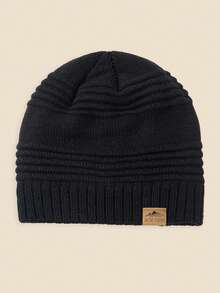 1 pezzo Berretto a coste in maglia con etichetta in pelle, unisex, cappello con fodera termica morbido e confortevole, adatto per outfit da vacanza in climi freddi - A - Visualizzare 2