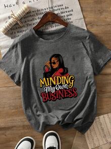 Plus-Size Printed Women's Handbag, Fashion Glasses, "MINDING My Own BUSINESS" Graphic T-Shirt - Grey - View 5