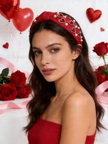 1件装女士水钻爱心仿珍珠打结宽发箍，情人节发饰，甜美可爱风格，女士发饰，适合节日派对、聚会，女士配饰，情人节礼物，装饰配饰，发带，发箍头饰 - 彩色 - 查看 6