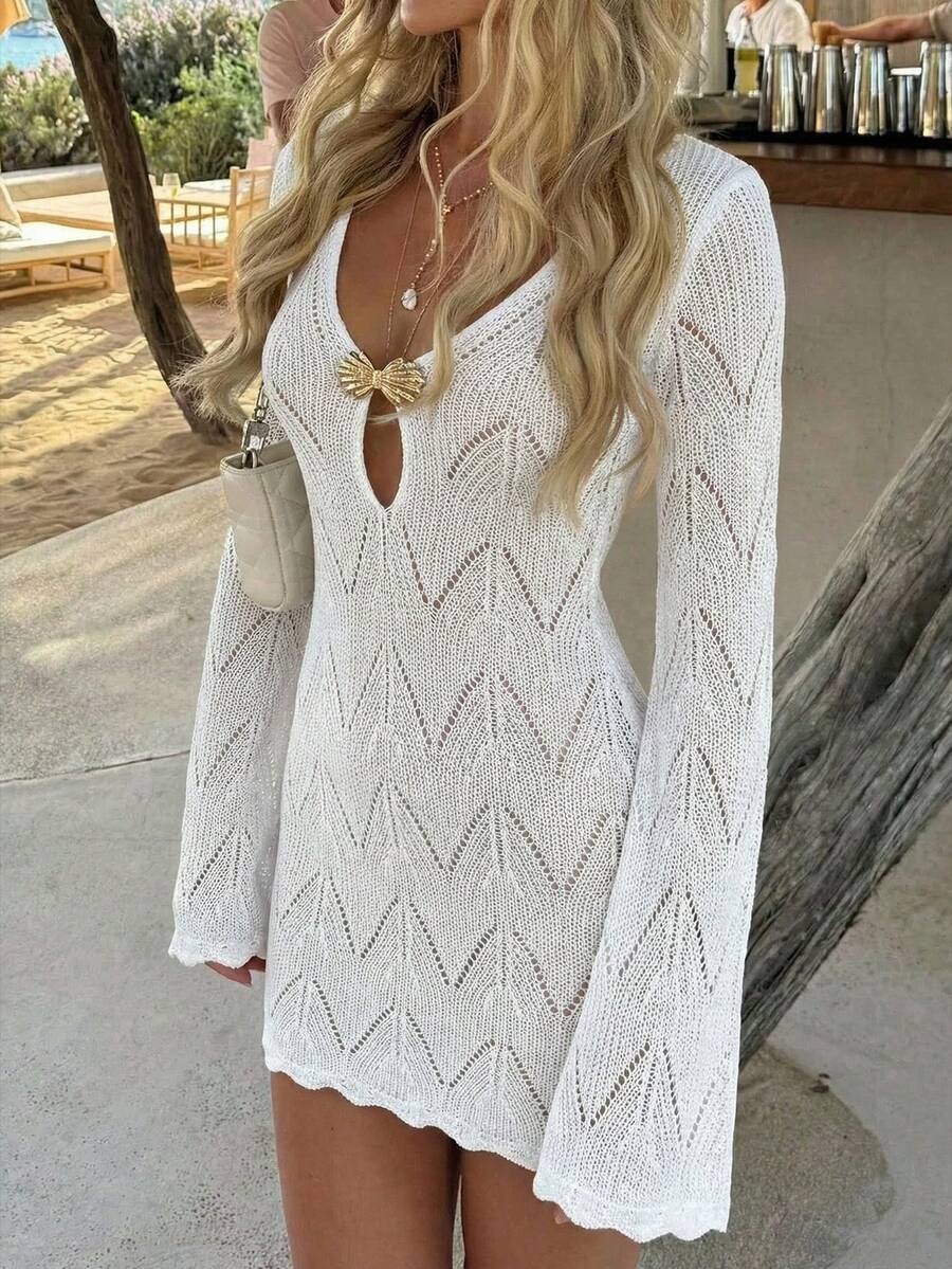 女士纯色基础款性感针织毛衣上衣，适合度假和海滩穿着 - 白色 - 查看 1