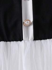 Girls' Summer Dress With Square Collar, Waist Cinched, Mesh Patchwork Princess Dress - Black and White - View 7