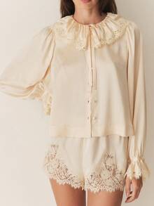 Women Y2k Lace Trim 2 Piece Pajama Set Long Sleeve Button Down Top With Elastic Waist Shorts Vintage Pants Pj Set Loungewear - Rượu sâm banh - Xem 6