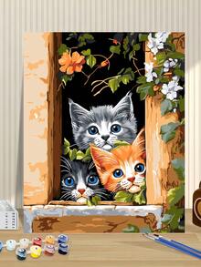 1 Set Adult DIY Acrylic Painting By Numbers Kit, Cute Cat On Windowsill Theme, 40x50cm Unframed Canvas, Suitable For Birthday, Housewarming Gifts, Wall Decor - Multicolor - View 6