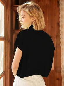 Knit Mix Women's French Casual Knit High Neck Top, Lightweight Ribbed Knit Pullover Top, Suitable For Spring And Autumn, Loose And Fashionable, Back To School Autumn - Charcoal Black - View 3