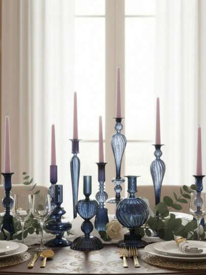 1件/1套复古法式罗马玻璃烛台，蓝/绿色系列烛台，高端婚礼仪式桌面中心烛台，适用于户外阳台装饰、办公室桌面装饰、香薰烛台