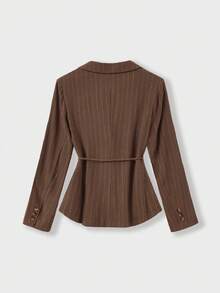 QUNGIGU Women's Lightweight Linen-Like Blazer Jacket, Waist Cinched Design, Button-Up Shirt Style Cardigan, Striped Tie V-Neck Casual Business Office Summer Thin Outerwear - Coffee Brown - View 6