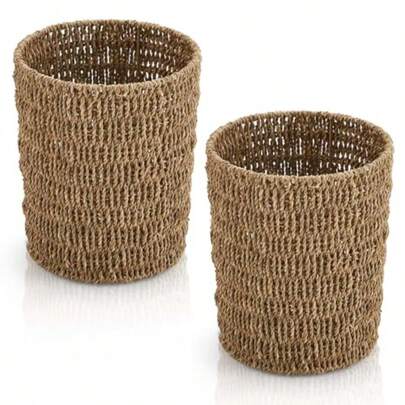 Havawish 2 piezas Cesta de basura de hierba marina trenzada de mimbre hecha a mano papelera tejida de 6.8 litros papelera redonda de mimbre estilo boho contenedor de basura natural para dormitorio