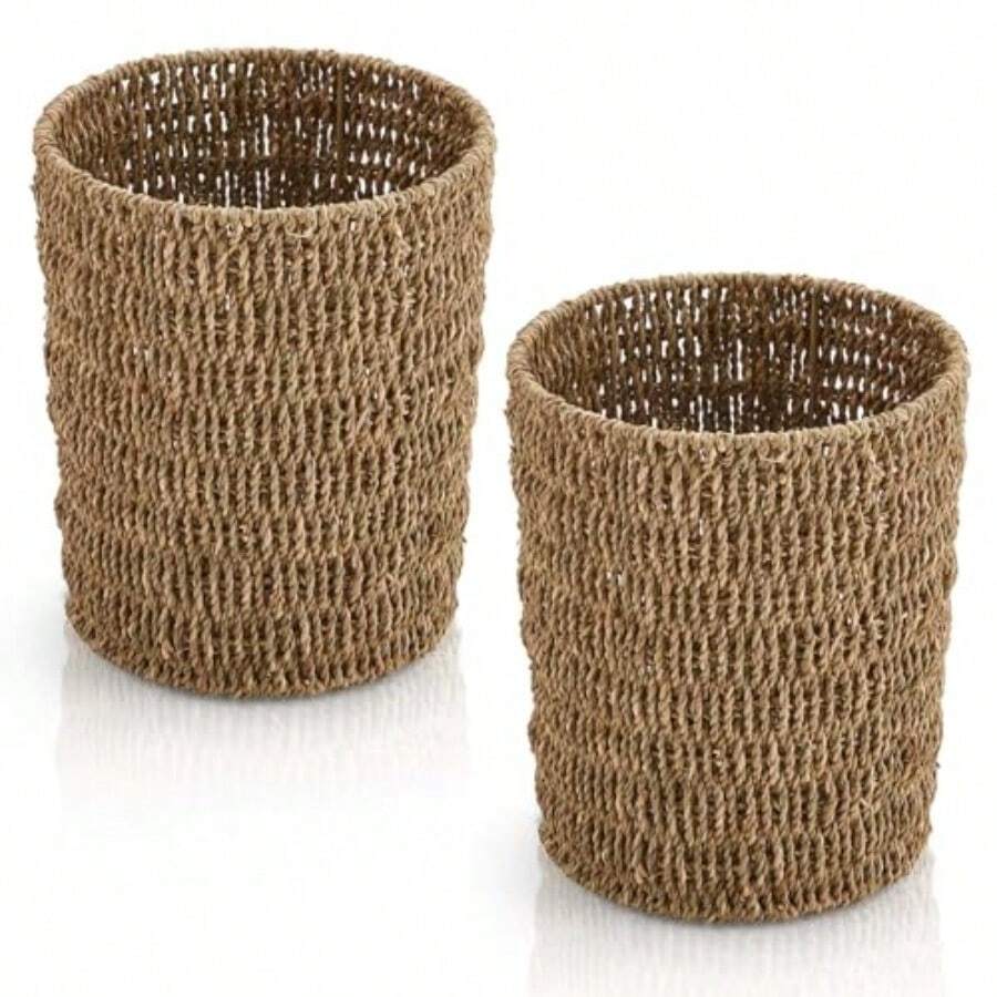 Havawish 2 piezas Cesta de basura de hierba marina trenzada de mimbre hecha a mano papelera tejida de 6.8 litros papelera redonda de mimbre estilo boho contenedor de basura natural para dormitorio - natural - Ver 1