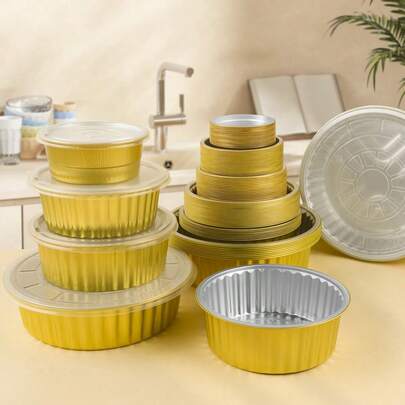 Bộ 10/20 hộp đựng thức ăn mang đi bằng giấy bạc nhôm tròn màu vàng có nắp (dung tích 290ml-2500ml), khay nướng bằng giấy bạc nhôm, hộp đựng thực phẩm, thích hợp để nướng, hâm nóng, bảo quản, chuẩn bị thức ăn cho ngoài trời.