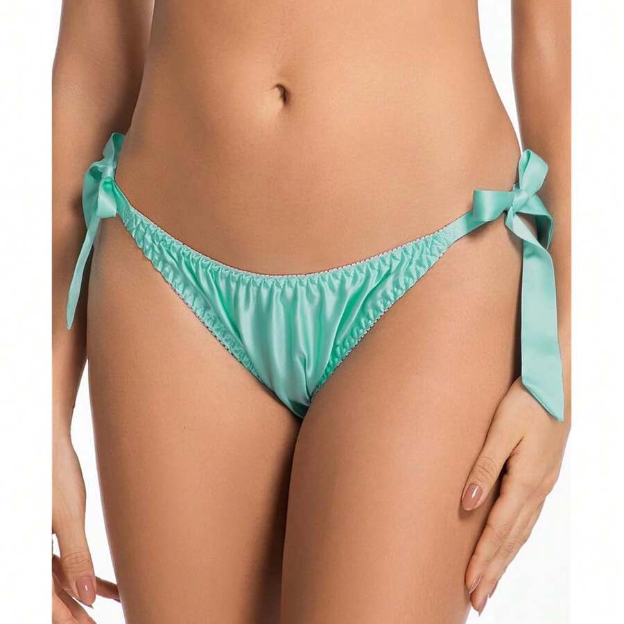 Women Silk Panties Lightweight Briefs Smooth Breathable Satin Bikini,Sexyys Tie-Side Underwear Daily Fit Comfort,LightGreen - 淺綠色 - 查看 1