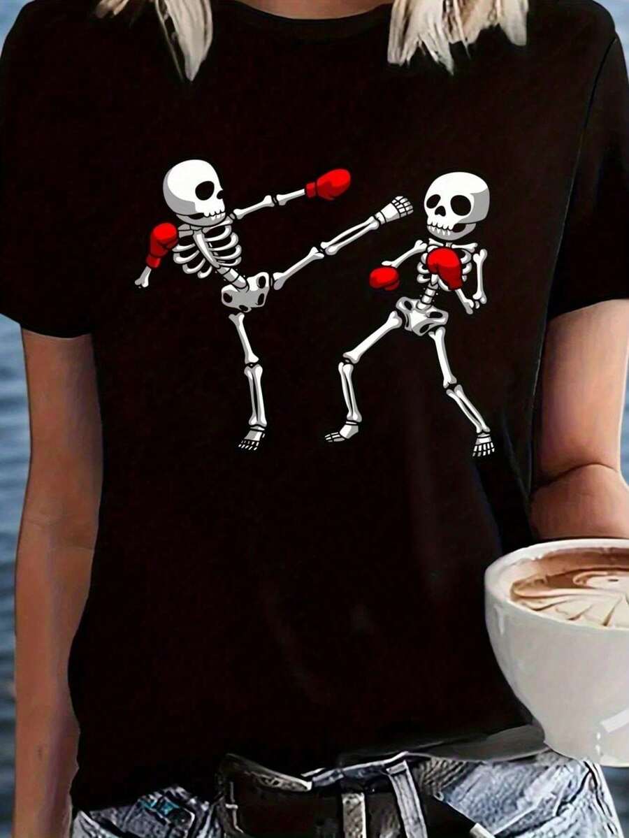 Dancing Skeletons Halloween Graphic T-Shirt - Cute Anime Style Black Tee with Red Accents, Regular Fit Short Sleeve Round Neck for Women & Men, Casual Daily Wear & Halloween Parties, Halloween Clothes, Party Attire, Playful Design, Comfortable Fit, Seasonal Fashion, Fun Print, Breathable Material, Printed Shirt, Costume Lovers - Noir - Voir 1