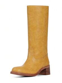 Knee High Boots For Woman Square Toe Fall Wide Calf Pull On Chunky Block Heeled Boots Riding Boots Knight Women's Boots Autumn Casual Comfortable Block Heels For Women - Màu vàng chuối - Xem 2