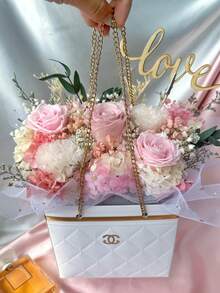 1pc Floral Paper Box Bouquet Storage Bucket, Holiday Party Flower Shop Handbag Packaging Basket, Durable Paperboard Box With Metal Chain Handle, Suitable For Bouquet Packaging, Flower Storage, Flower Shop Packaging, Wedding Party Gifts, Elegant And Sturdy Design, Perfect For Holidays, Parties, Gifts And Flower Shops. - Multicolor - View 11