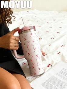 1pc Cute Cherry, 1200ml (40oz) Large Capacity Handled Tumbler, Insulated Mug, Travel Mug, Stainless Steel Vacuum Insulated Cup, Suitable For Travel, School, Office, Outdoor, Gym, Home, Valentine's Day, Holiday, Birthday Gift (With Straw) - Multicolor - View 3