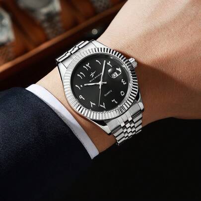 RICECGO 1pc Men's Classic Quartz Steel Strap Wristwatch With Calendar Display, Suitable For Daily Wear, Business Occasions, High-End Exquisite Gift