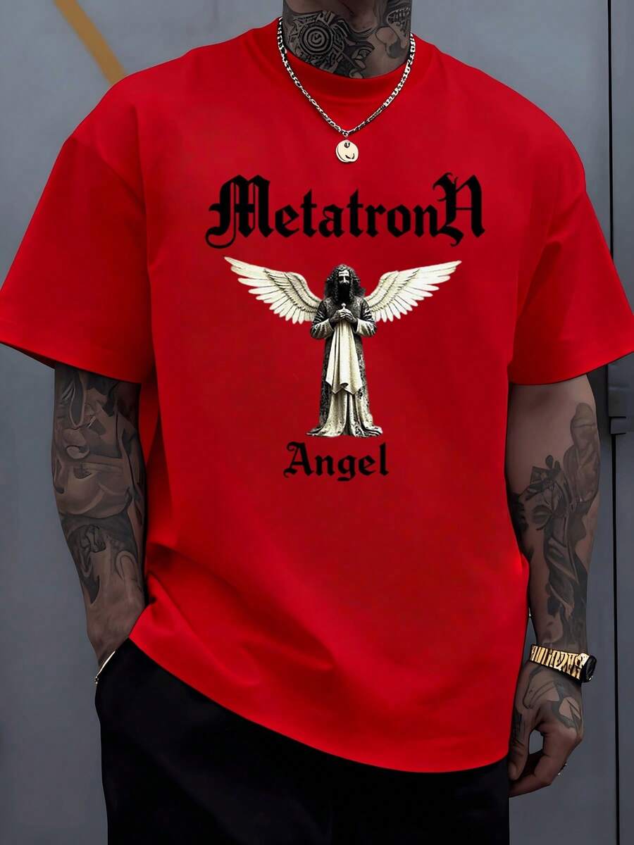 Golden Angel Figure With Outstretched Wings And Hands In A Prayer Position, Conveying A Symbolism Of Protection, Peace, And Spiritual Strength, Ideal For Those Seeking A Mystical Touch. Men's T-Shirt, 100% Cotton, 220g - 紅色 - 查看 1