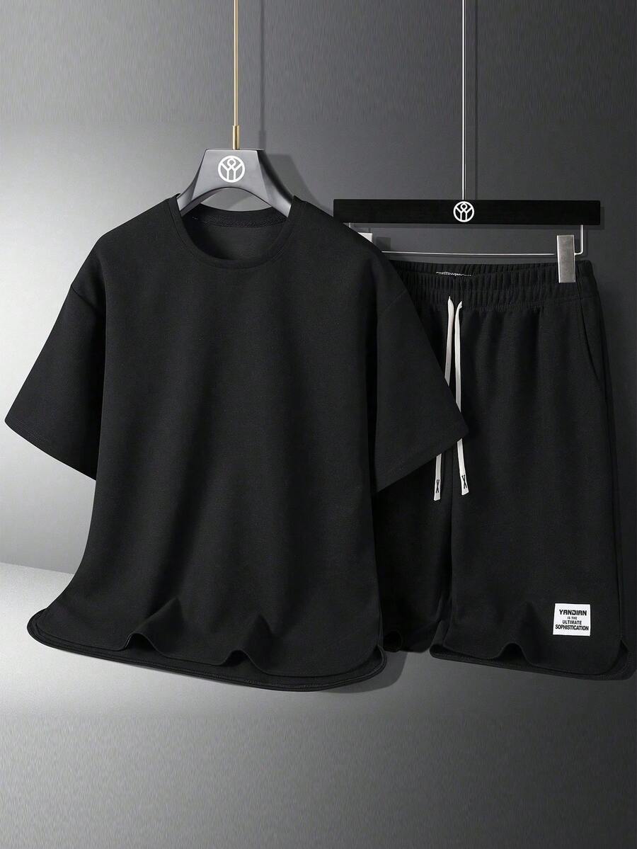 Teens' Summer Solid Color Round Neck Short Sleeve Casual T-Shirt And Letter Print Drawstring Waist Shorts Set - Black - View 1