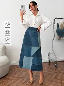 Women Denim Patchwork Midi Skirt Non-Stretch Casual High Waist A-Line Skirt - Blue - View 2