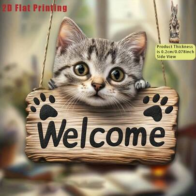 1pc 2D Flat Printed, Cute Cat Holding "Welcome" Wooden Sign Decor, Bold Design, Wall Art, Suitable For Bar, Restaurant, Home, Small Room Gift, Fun And Unique Decoration
