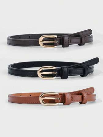 1pc/3pcs Vintage Small Leather Belt, Women's Casual Jeans Belt, Simple Versatile Decorative Skinny Belt, Solid Color, Suitable For Spring, Summer, Autumn, Winter