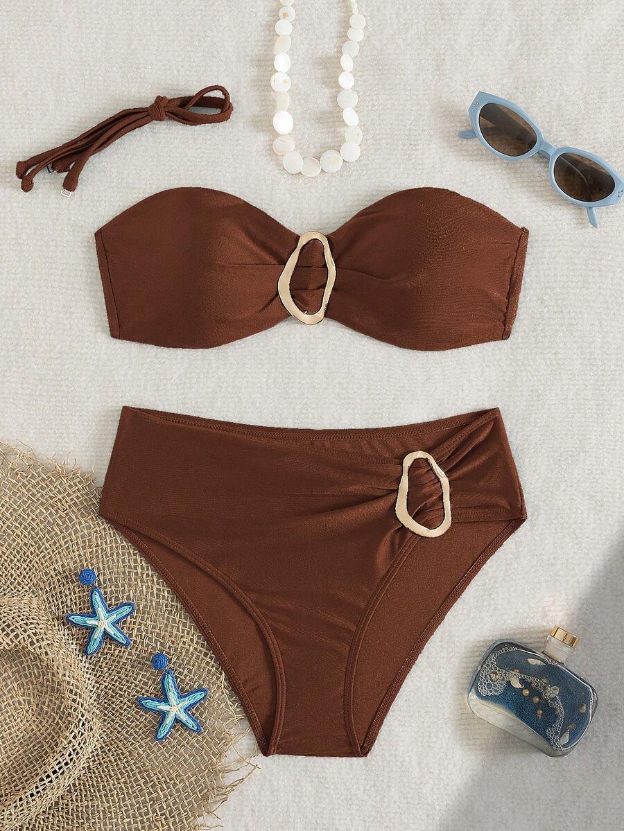 Women's Solid Color Bandeau Bikini Set With Metal Decor, Suitable For Island Vacation, Photography, Swimming - Brown - View 1