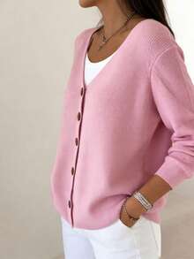 Women's Solid Color Ribbed Front Button Ribbed Knit Casual Elegant Long Sleeve Sweater, Suitable For Spring And Autumn - Baby Pink - View 4