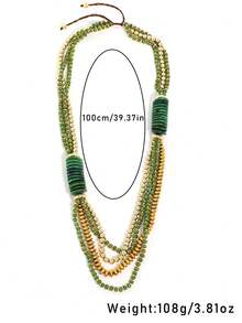 1pc Vintage Green Multi-Layer Handmade Beaded Long Necklace - Dark Green - View 5
