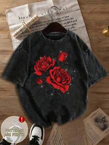 Damen Sommer Kurzarm T-Shirt, dekoriert mit roter Rosen Grafik, verwaschen schwarz, dunkel romantischer Stil, Oversize Retro T-Shirt. - Schwarz - Übersicht 5