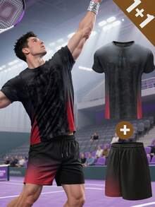 Conjunto deportivo de hombre con camiseta de fútbol, camiseta de baloncesto, pantalones cortos de manga corta para verano, conjunto de gimnasio, conjunto de 2 piezas para hombre, adecuado para fitness, correr, deportes casuales, uso diario - Rojo - Ver 1