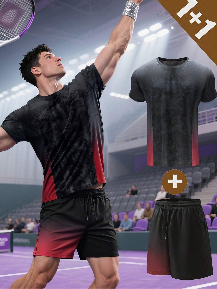 Conjunto deportivo de hombre con camiseta de fútbol, camiseta de baloncesto, pantalones cortos de manga corta para verano, conjunto de gimnasio, conjunto de 2 piezas para hombre, adecuado para fitness, correr, deportes casuales, uso diario - Rojo - Ver 1