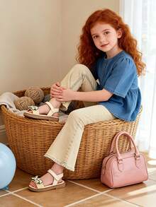 儿童花卉图案蝴蝶结装饰仿皮和布料防滑露趾可调节踝带平底凉鞋，清新甜美可爱休闲，适合夏季野餐和日常穿着 - 米色 - 查看 11