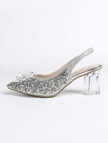 Women's High Heel Sandals, Elastic Ankle Strap, Fashionable Floral Decor, Random Solid Color Print, Elegant Party & Nightclub Style, Fabric Applique, Rhinestone Embellishment, Suitable For Beach, Vacation, Wedding, Party, Office, Indoor & Outdoor, Spring & Summer - Silver - View 5