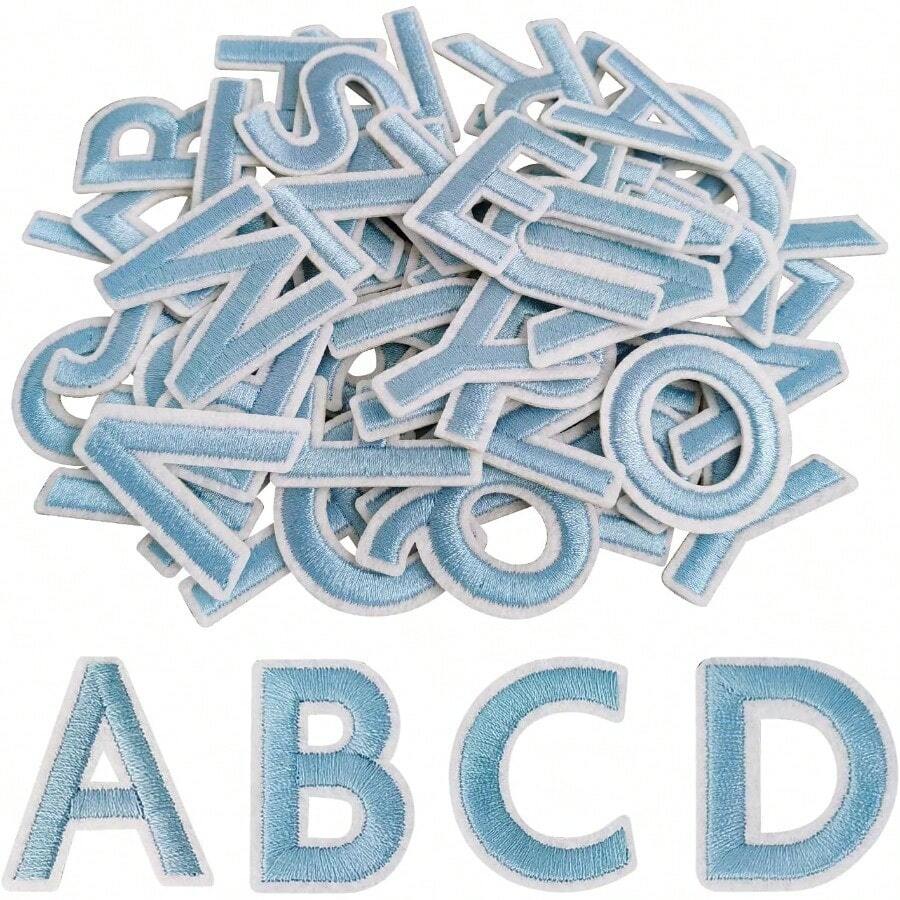 52Pcs Iron On Letters Patches Alphabet A-Z Embroidered Applique For Hats Shirts Jeans Bags Light Blue - 52Pcs Light Blue - View 1