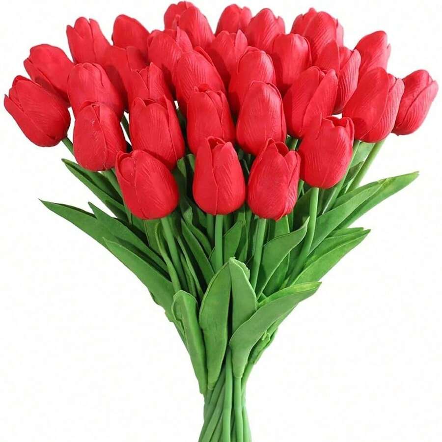 1/3/6/12支装红色现代浪漫仿真郁金香人造花，塑料仿真郁金香花束，假花，花瓶假植物，塑料花艺摆设，婚礼花束配件，适用于室内家居装饰、餐桌摆设、户外花园装饰、婚礼装饰、酒店咖啡厅装饰、春季装饰、节日派对活动装饰、情人节、母亲节礼物 - 紅色 - 查看 1
