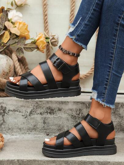 Minimalist Women Plus Size Thick Sole Sandals With Belt Buckle, Casual Comfort Beach Flat Sandals, Waterproof Peep Toe Summer Retro Roman Shoes For Wide Feet, Suitable For Work, Beach, Casual