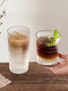 1pc Oval Relief Glass Cup, Light Luxury Whiskey Glass Cup, Transparent Glass Cold Drink Cup, American Latte Coffee Cup, Beverage Cup, Milk Cup, Wine Cup, Heat-Resistant Drinking Cup, Retro Glassware - Transparent - View 6