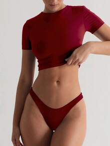 Red High Elasticity Cropped Tight Fit Casual Sports Tee, Basic Vacation T-Shirt For Women, Valentine's Day Summer - Burgundy - View 3