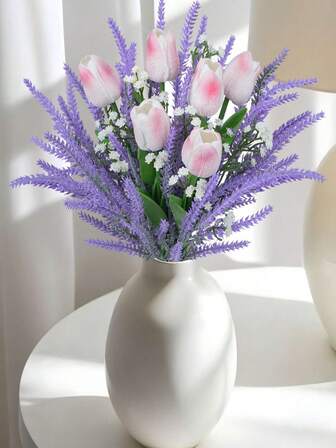 一套，混合紫色郁金香和薰衣草人造花束，逼真仿真花，适合插花、桌面装饰、厨房礼品、家居、房间、办公室、婚礼装饰，浅粉色