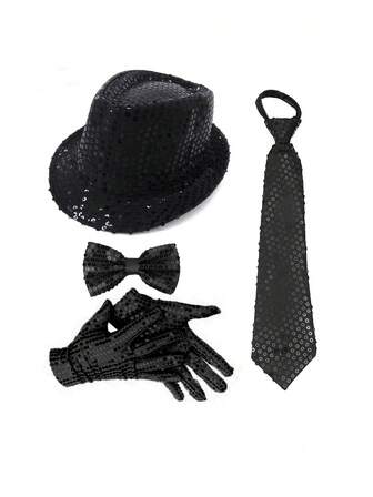 Ett 4-delat set med accessoarer i retrostil från 1970-talet, disco, elastisk Y-formad grimma, fedora och fluga