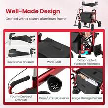 Lifezeal 2-In-1 Rollator Walker For Seniors With Seat 9" Pneumatic Tires For All Terrain Black/Red/Navy - Red - View 3