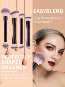 Professional Dual-Headed Makeup Brushes, Powder Brush, Blush Brush, Makeup Tools, Soft Fibers, Easy To Carry, Travel Brushes - Black - View 2