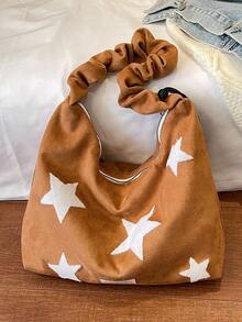 新款丝绒女士时尚星形印花可调节肩带斜挎包，休闲慵懒风单肩包，工作购物两相宜，秋冬款 - 彩色 - 查看 11