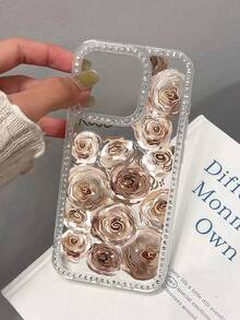 Flower 1pc Rhinestone Edged Sequined Rose Shockproof Soft TPU Protective Phone Case Compatible With IPhone 13 14 15 Pro Max, 16 16 Pro 16 Pro Max 16 Plus, 17 17 Pro 17 Pro Max 17 Air, 11 12 Pro Max, X XR XS Max, 7, 16 Plus, 13 Mini, 12 Mini, 11 Pro Max, 14 Pro, 14 Plus, 15 Plus - Sparkling Clear - View 2