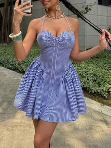 夏季女士露背格子连衣裙，前扣设计，A字喇叭裙摆 - 休闲时尚格子连衣裙，适合日常街头风格、周末旅行、城市漫步、白天聚会和简单外出。 - 藍色 - 查看 10