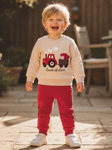 Conjunto de ropa de Día de San Valentín para niño pequeño, con sudadera de cuello redondo de manga larga con bordado de corazón y tractor, y pantalones jogger - Caqui - Ver 4
