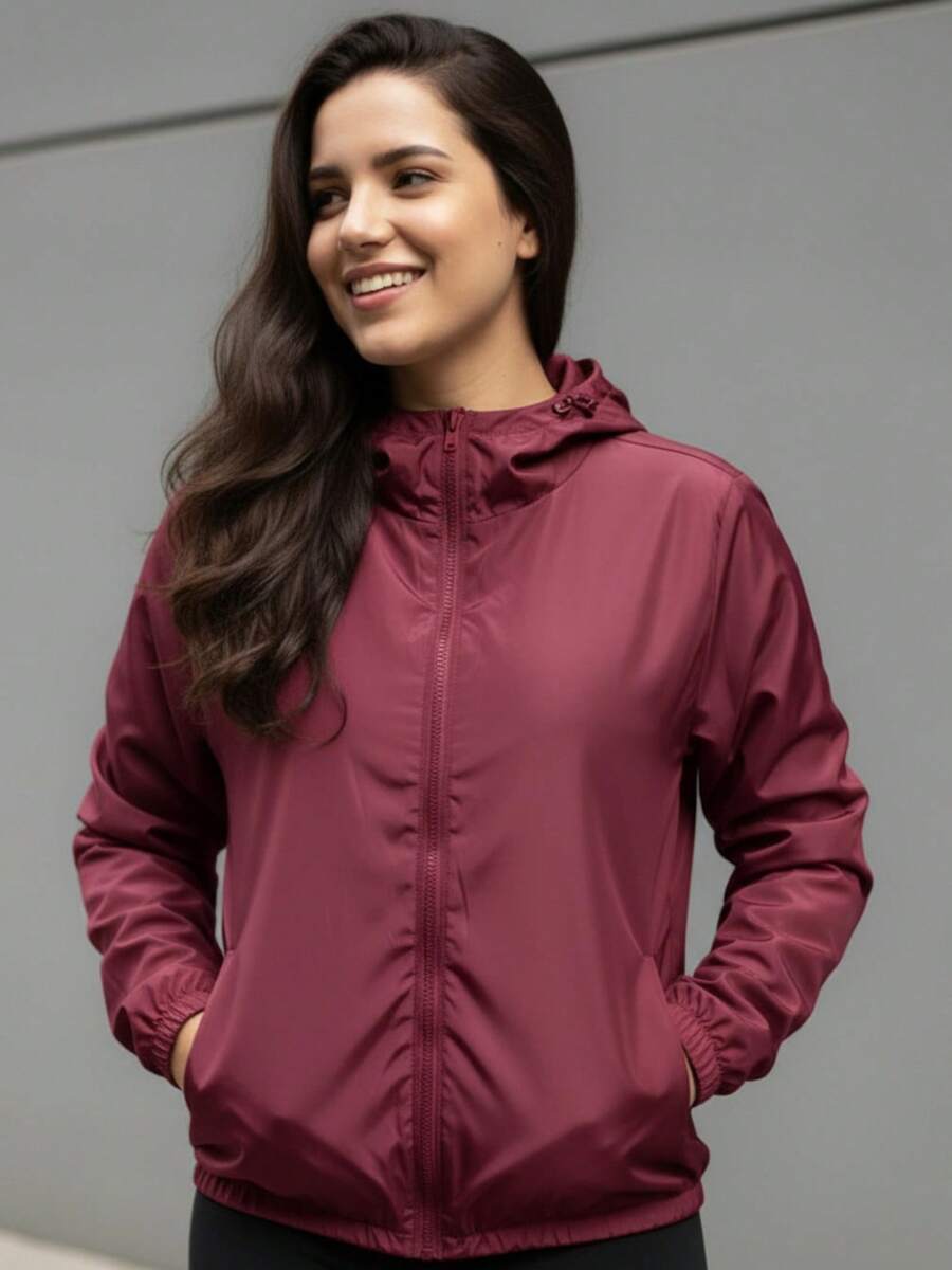Women's Windbreaker Jacket Without Lining In Memory Fabric With Water-Repellent Hood - 紫紅色 - 查看 1