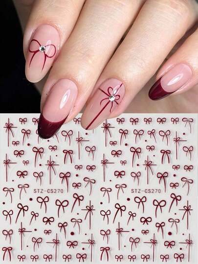 2 szt. bordowych naklejek na paznokcie z kokardką, dekoracja paznokci Y2K, wstążka z kokardką, akcesoria do paznokci, uroczy prezent na Walentynki, Nowy Rok, ślub, odpowiedni dla kobiet i dziewcząt, akcesoria do paznokci