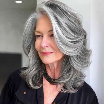 Silvery Gray Ombre Layered Wigs With Curtain Bangs For Women Synthetic Short Light Grey Wig Layered Gray Wavy Bob Wig Highlight Grey Curly Bob Hair