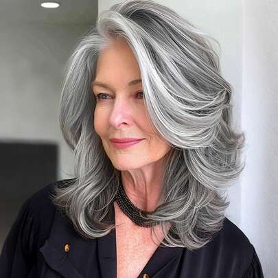 Ombre Gray Gradient Layered Wig With Bangs, Women's Synthetic Short Light Gray Wig With Layers, Gray Wavy Bobo Wig With Gradient Effect, Dip-Dyed Gray Curly Bobo Wig